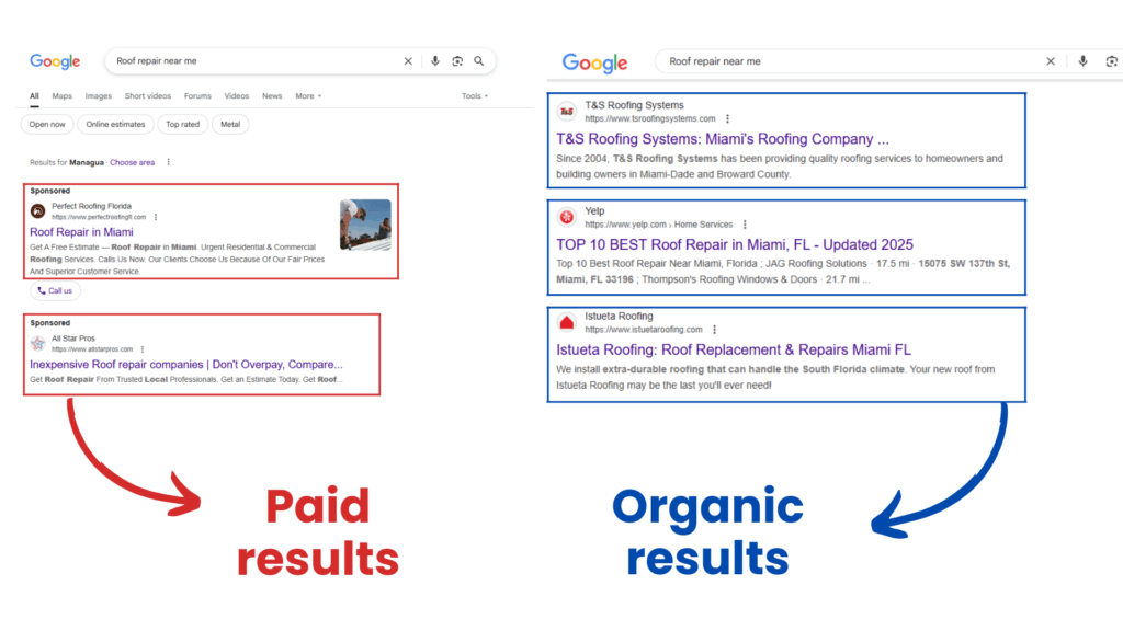 Side-by-side comparison of paid ads and organic results on Google for a local search query.