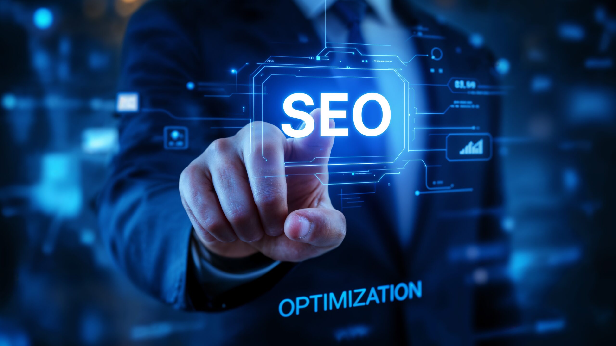 Business professional touching a virtual SEO icon, representing digital optimization and search engine visibility.