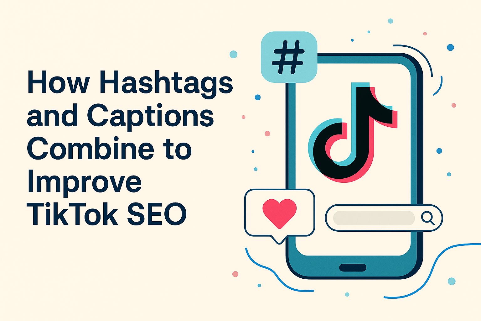 TikTok logo on a smartphone with a hashtag icon, heart symbol, and search bar, representing how hashtags and captions improve TikTok SEO.