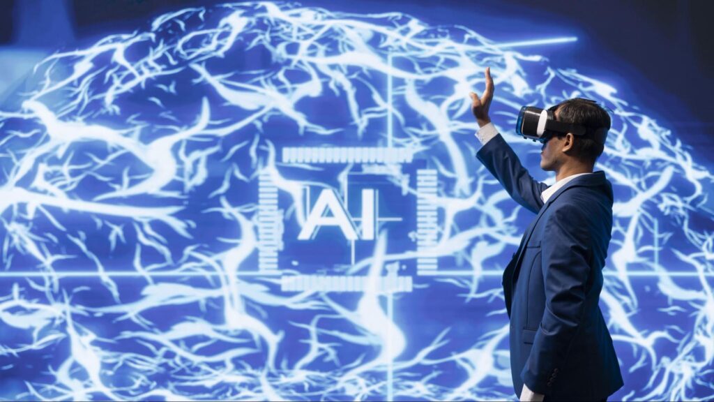 Business professional using virtual reality headset with artificial intelligence background in a digital marketing concept