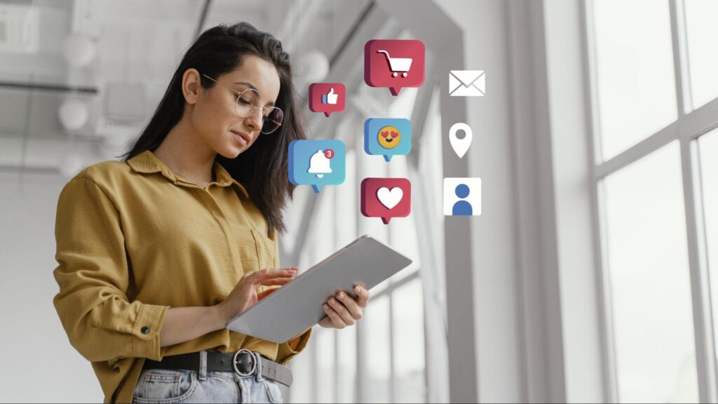 Woman managing social media marketing using AI-powered tools for digital strategy.