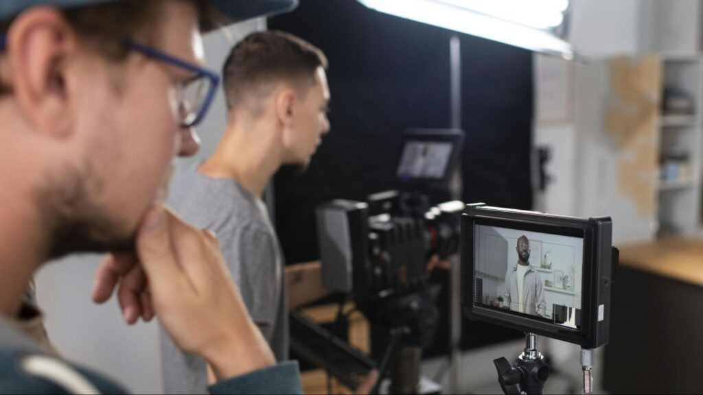 Marketing team filming a promotional video to represent AI video generation with OpenAI Sora 2.