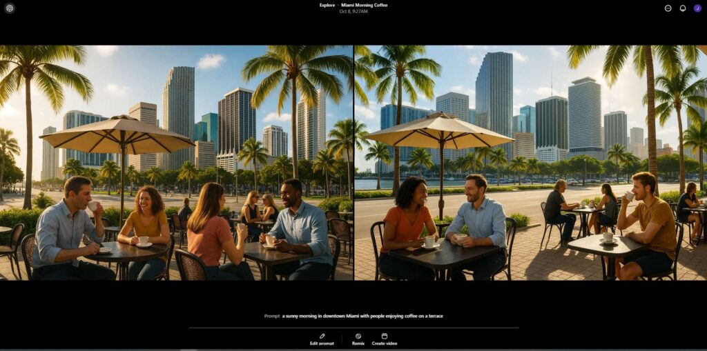 AI-generated video of people enjoying coffee in downtown Miami, created with Sora 2.