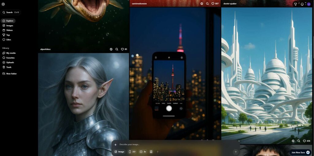 OpenAI Sora interface showing AI-generated visuals and social media video creation tools.