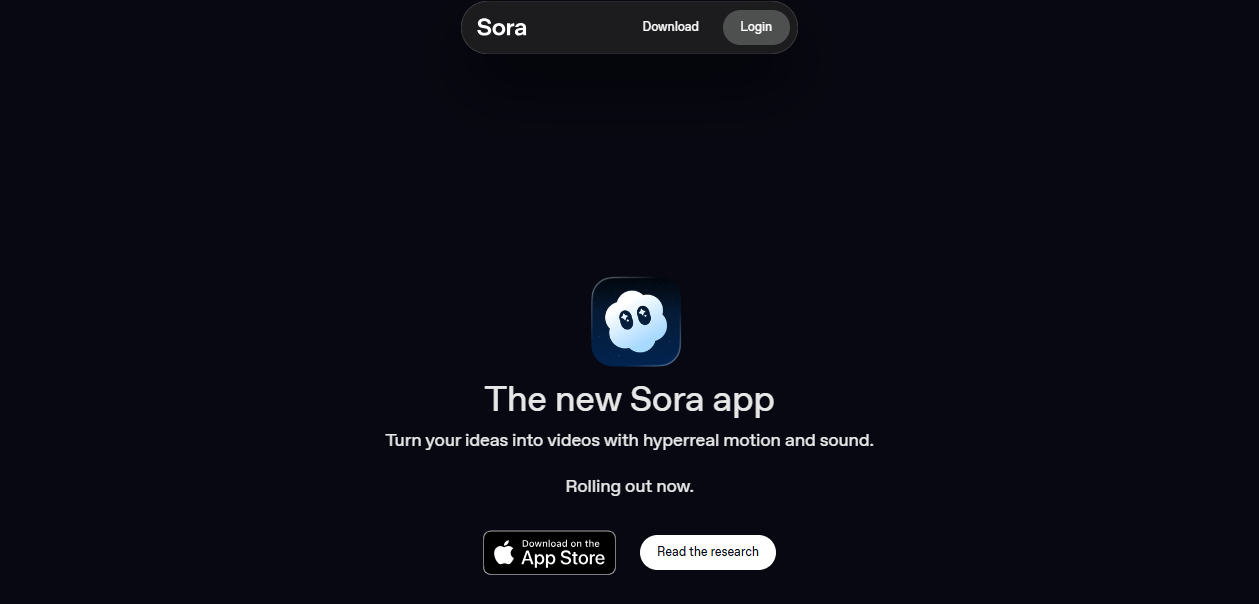 Sora app download page showcasing AI video generator and creative tools by OpenAI.