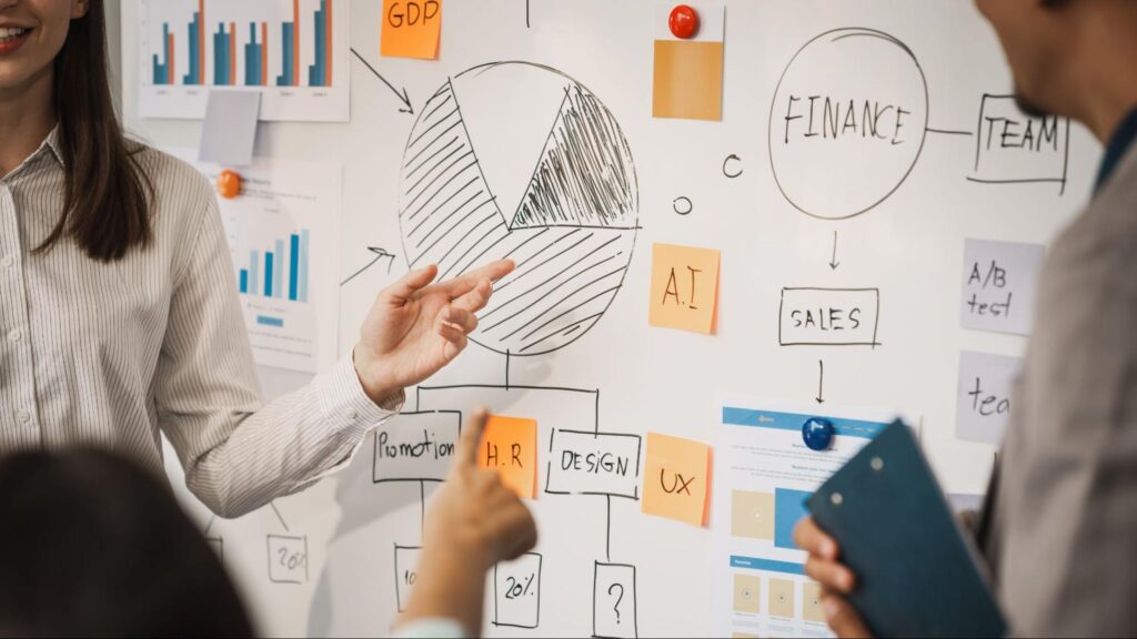 Team reviewing a digital marketing strategy presentation with charts and performance goals in a planning meeting.