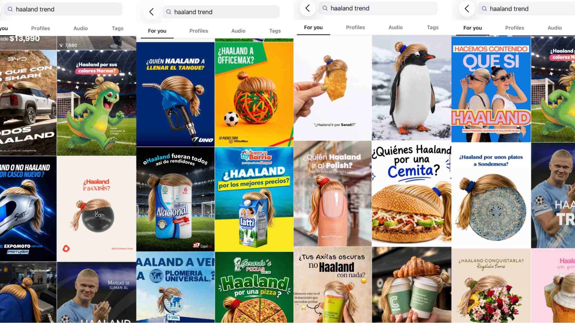 A grid of viral marketing advertisements on social media showing various products like gas pumps, burgers, and paper towels styled with Erling Haaland's signature blonde man-bun and bilingual Spanish wordplay.