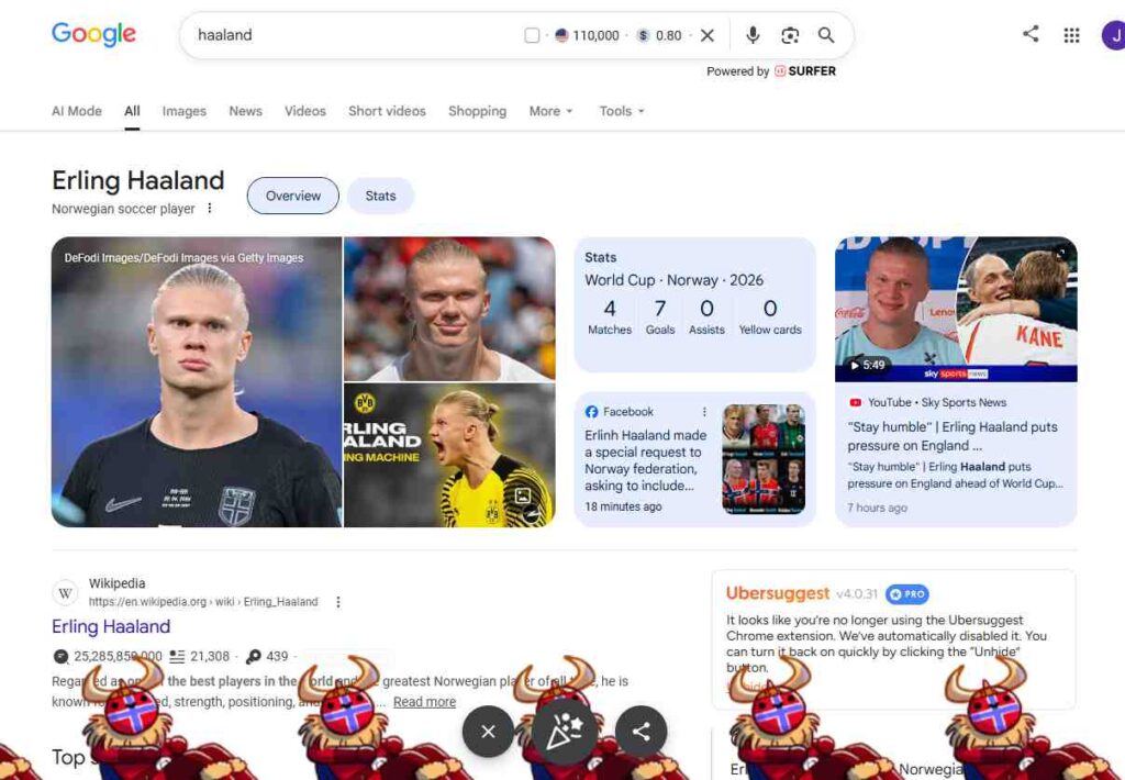 A screenshot of a Google search results page for Erling Haaland featuring the hidden Viking Row interactive animation with animated cartoon Vikings running across the bottom of the browser window.