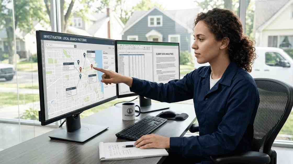 A digital marketing specialist analyzing local search patterns on a dual-monitor desktop setup, pointing to map pins on a geographic map next to a client data analytics spreadsheet.