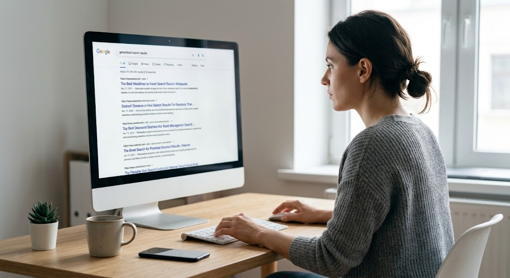 Woman searching Google on a desktop computer before clicking a paid ad to visit a dedicated PPC landing page