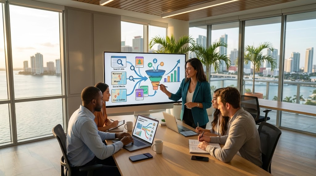 Marketing strategist presenting a multi-channel growth funnel to small business owners in a Miami office.